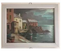 2 tablouri pictura ulei miniaturala Peisaje nocturne marine 14x19cm