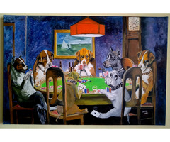"Trisorii jucand poker", pictura manuala in ulei pe panza