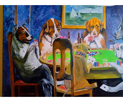 "Trisorii jucand poker", pictura manuala in ulei pe panza
