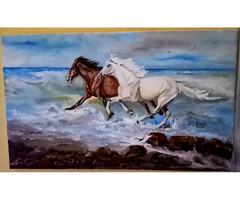 "Caii salbatici, mereu impreuna" pictura in ulei pe panza
